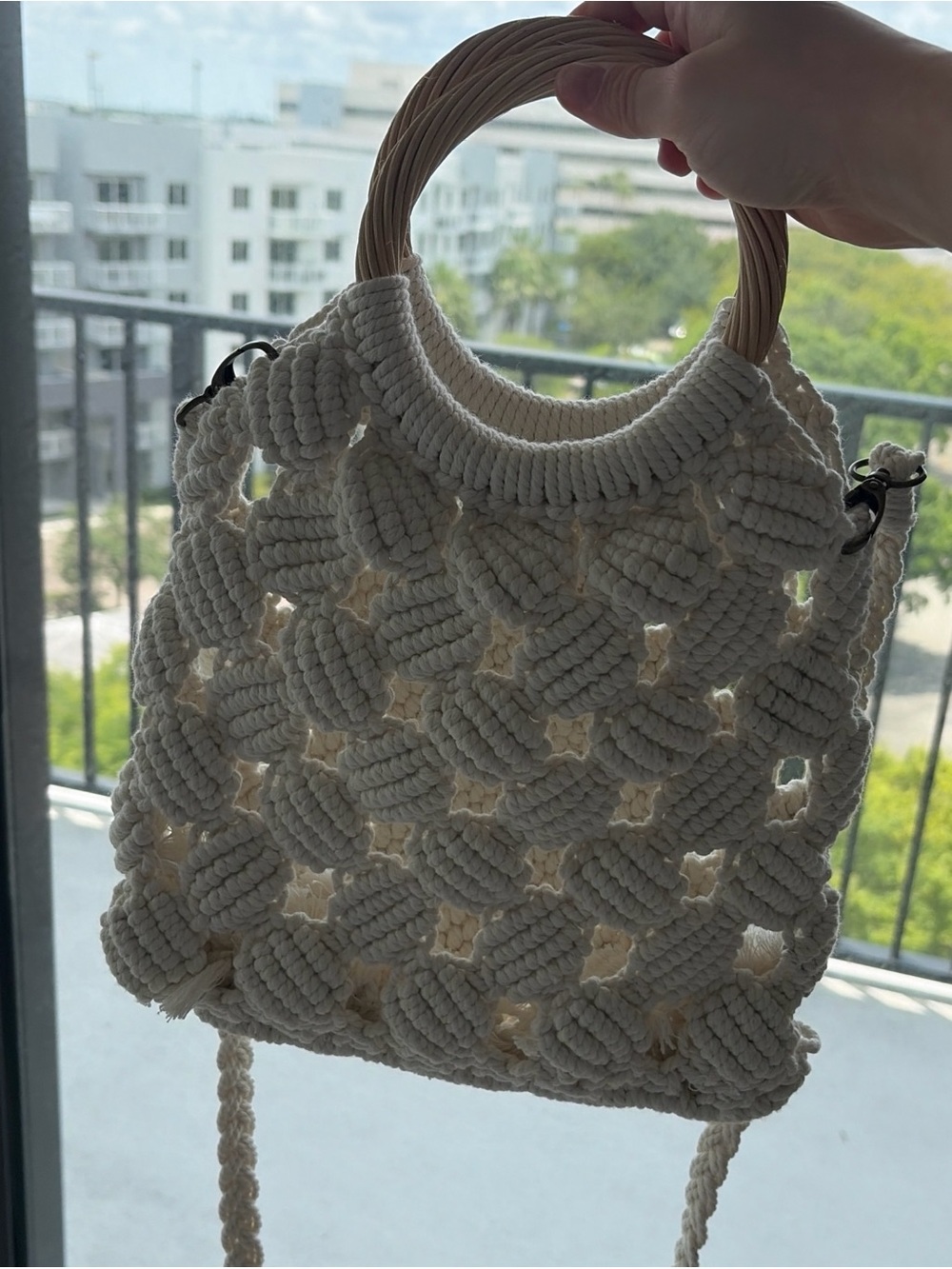 Handcrafted Cream Macramé Shoulder Bag with Wooden Handles